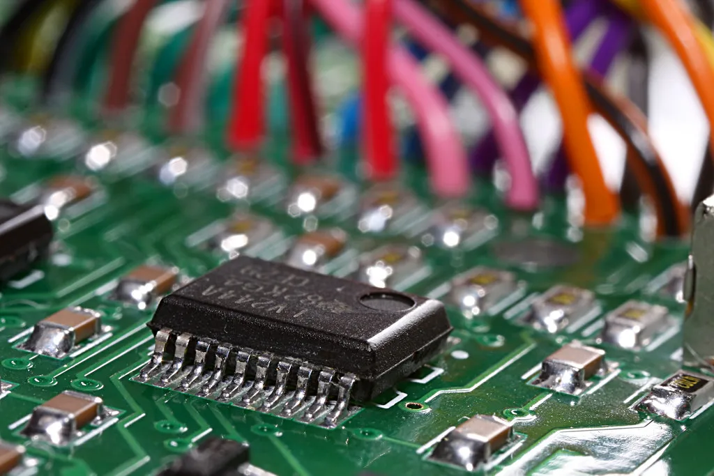 Close-up of surface-mounted components on a green circuit board