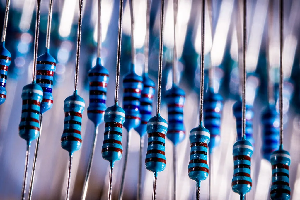 Rows of resistors photographed close up